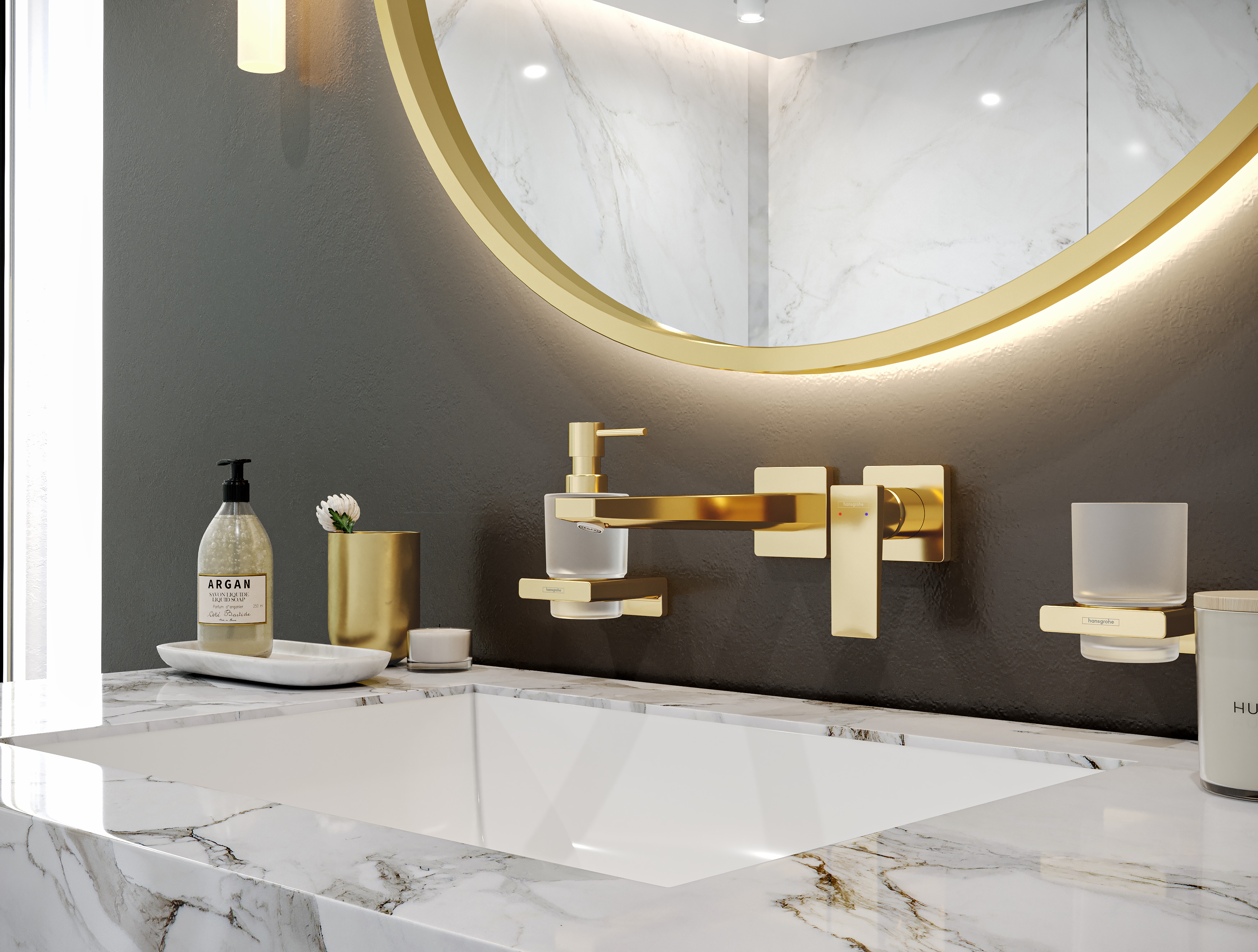 Close-up: Single lever basin mixer for concealed installation wall-mounted with lever handle and spout 22 5 cm