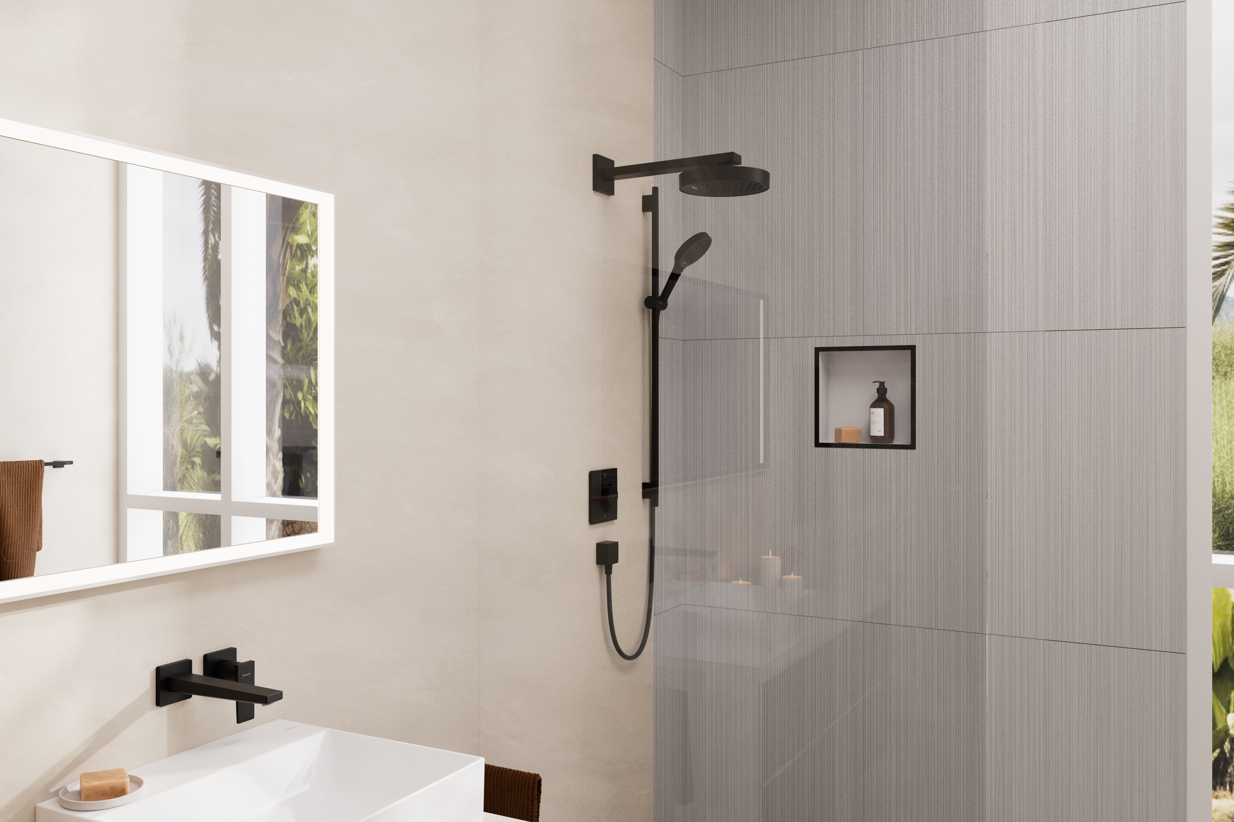 Close-up: Single lever basin mixer for concealed installation wall-mounted with lever handle and spout 22 5 cm