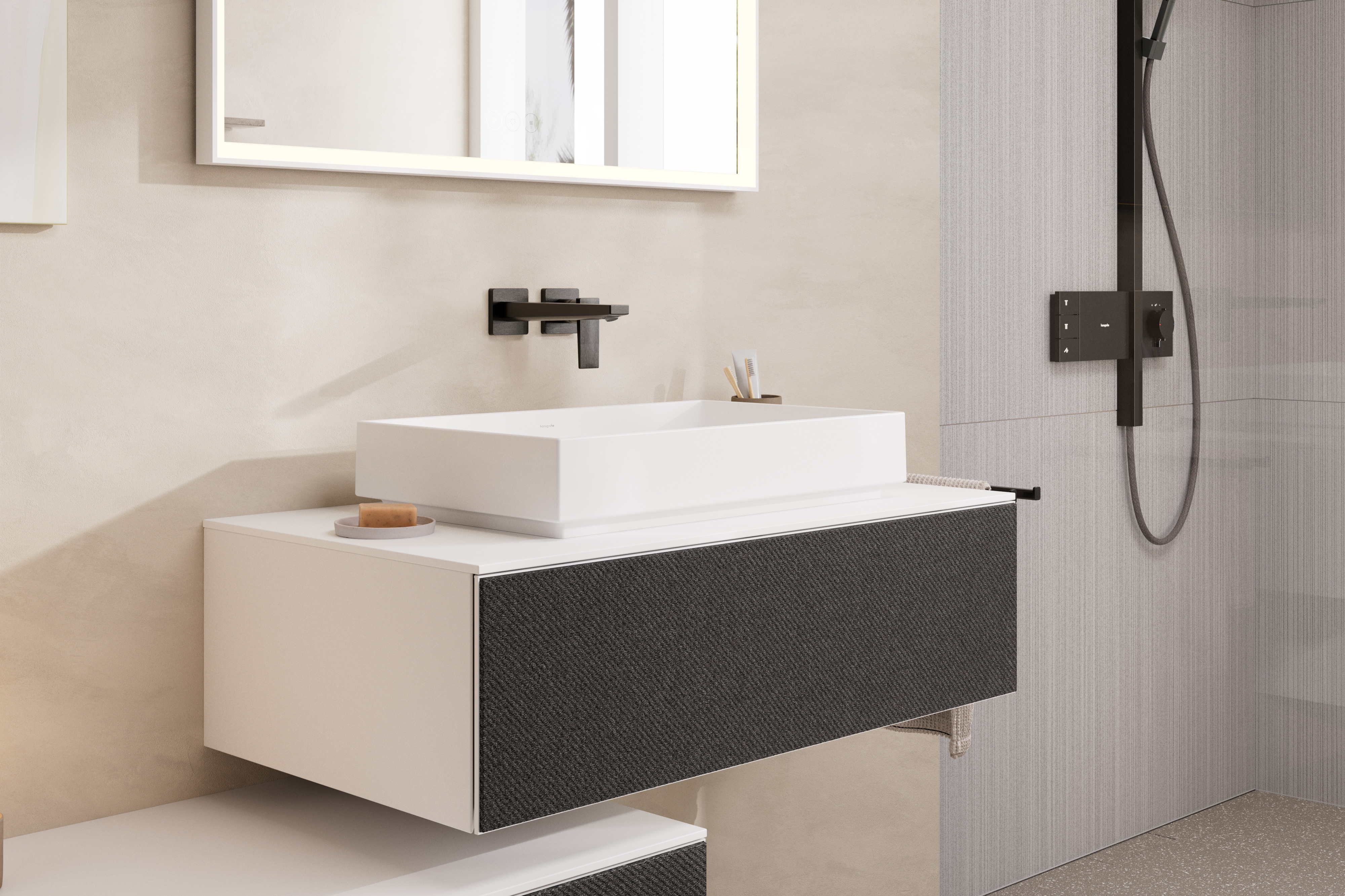 Close-up: Single lever basin mixer for concealed installation wall-mounted with lever handle and spout 22 5 cm
