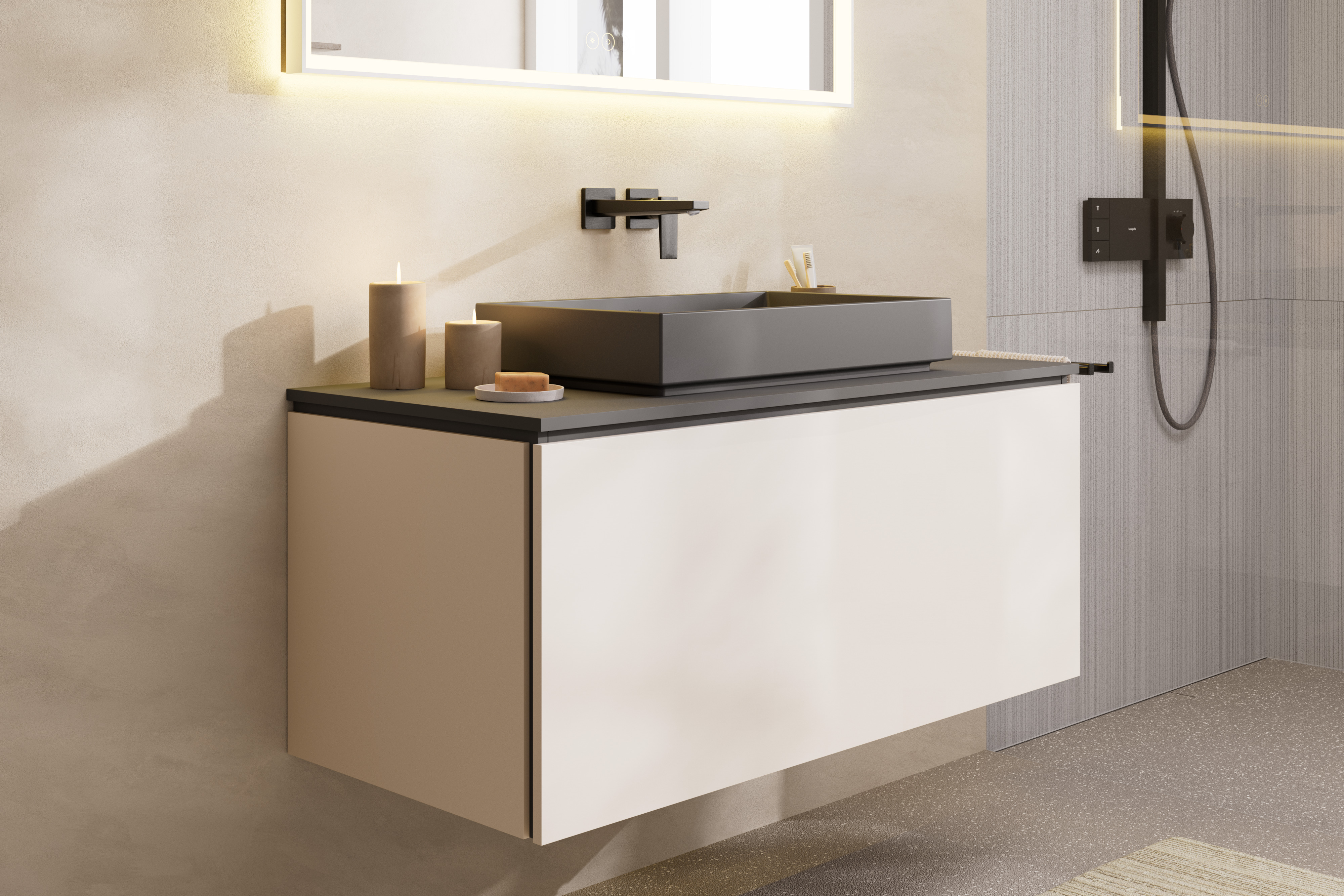 Close-up: Single lever basin mixer for concealed installation wall-mounted with lever handle and spout 22 5 cm