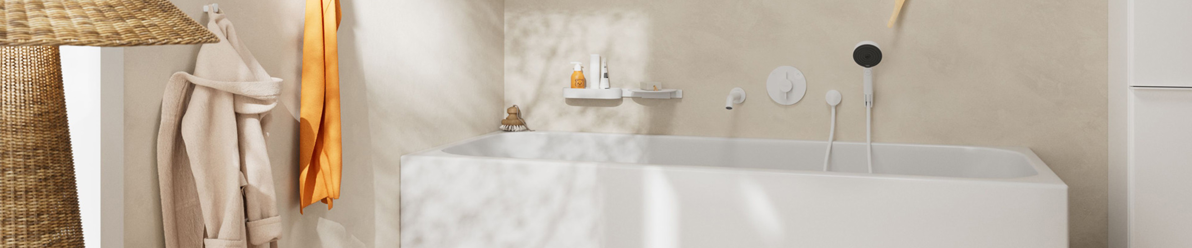 Bath tub area with matte white faucets and accessories.