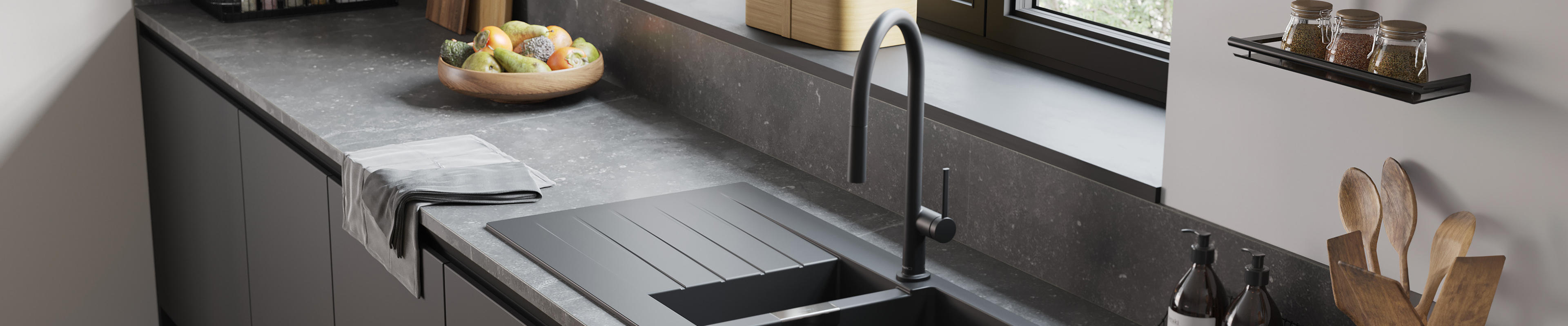 Black kitchen faucet by hansgrohe.